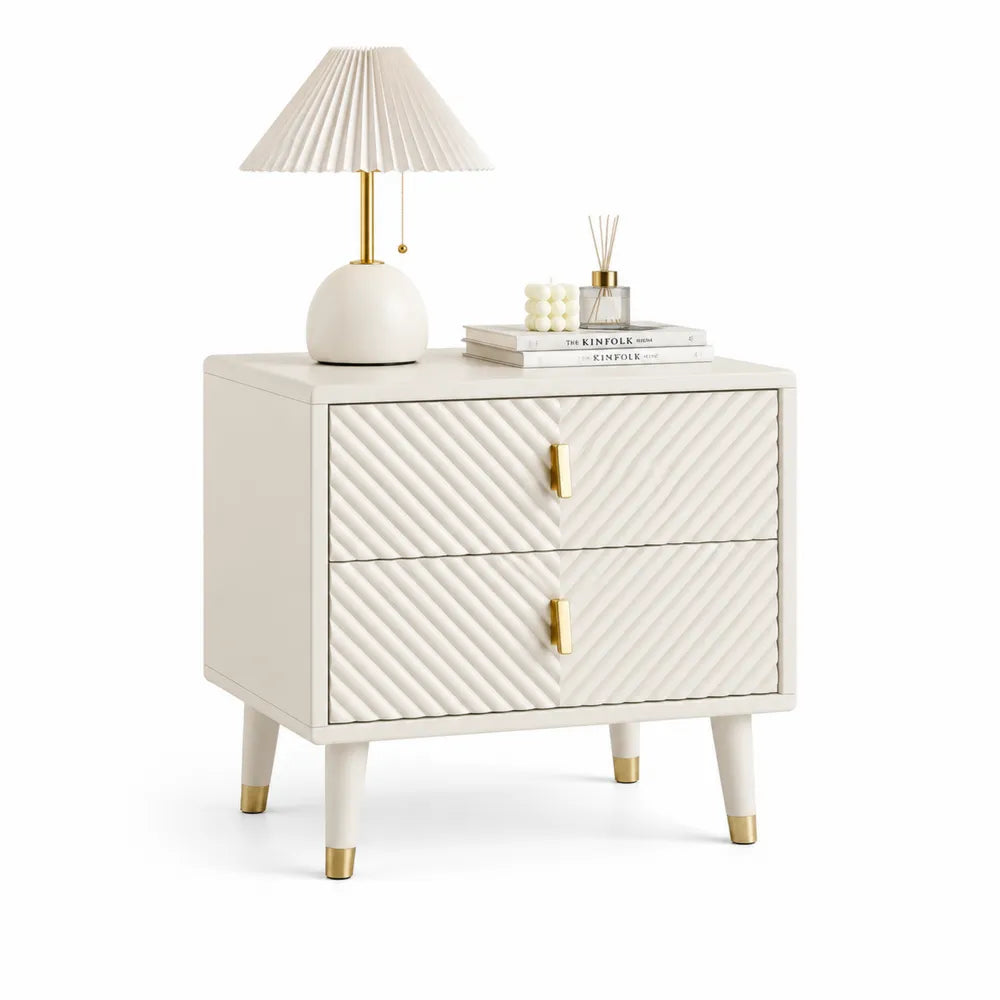 Beistelltisch mit zwei Schubladen Beige Holzfurnier Metallgriffe