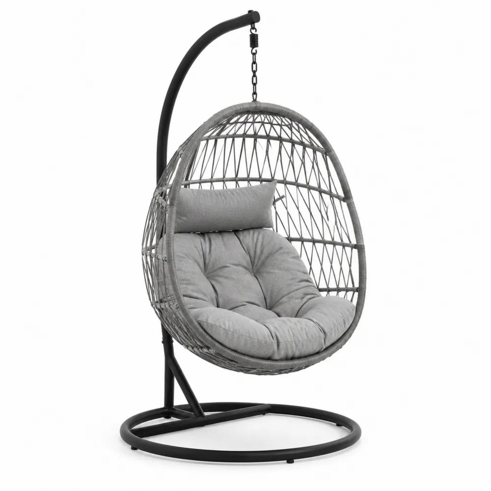 Hängesessel aus Stahl und Polyrattan mit grauem Bezug
