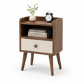 Holz Nachttisch mit Stoffschublade in Walnuss/Beige