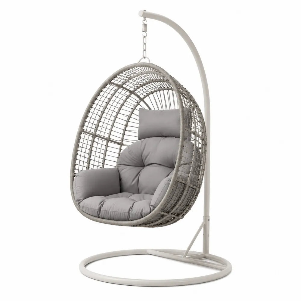 Hängesessel Oval Polyrattan Grau mit Stahlgestell und Polyesterkissen