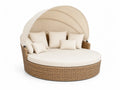 Rundes Garten-Tagesbett aus Polyrattan mit Verstellbarem Dach und Kissen Beige