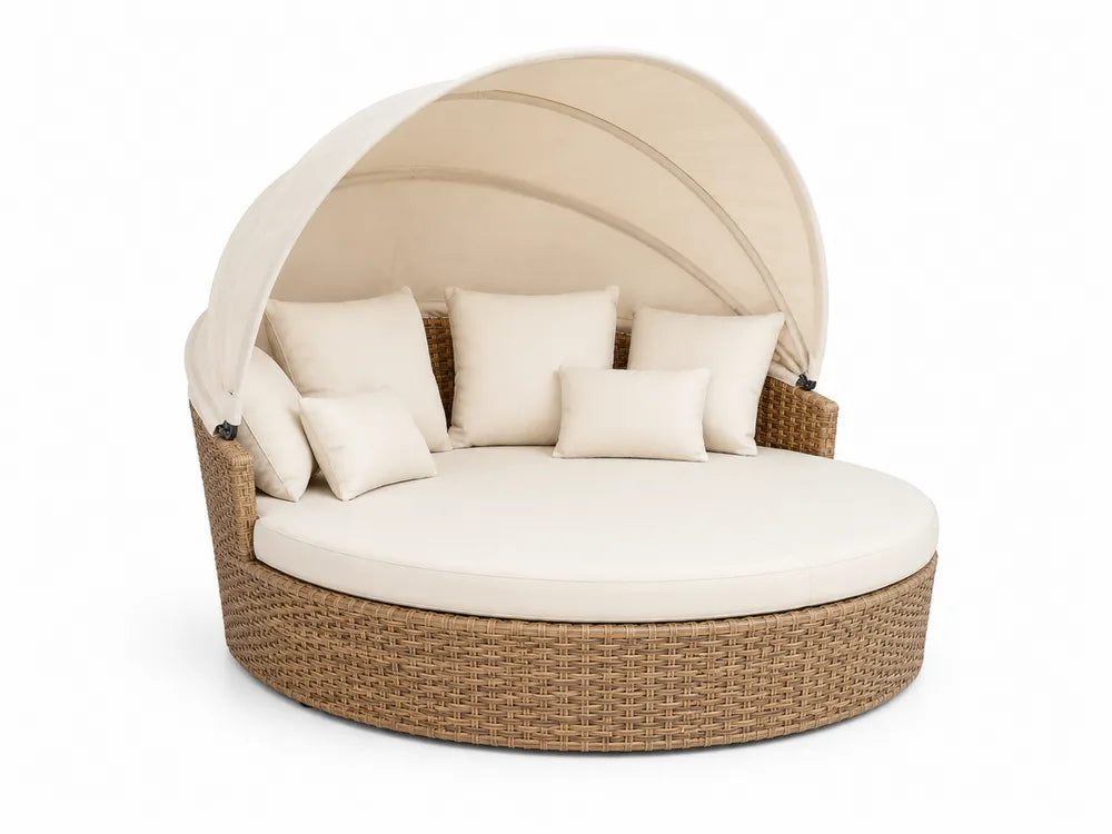 Rundes Garten-Tagesbett aus Polyrattan mit Verstellbarem Dach und Kissen Beige