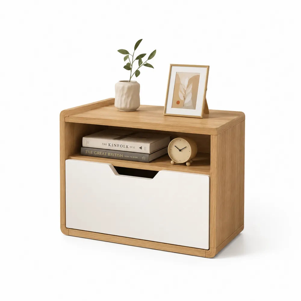 Nachttisch aus MDF mit Eichenfurnier und Schublade, Weiß