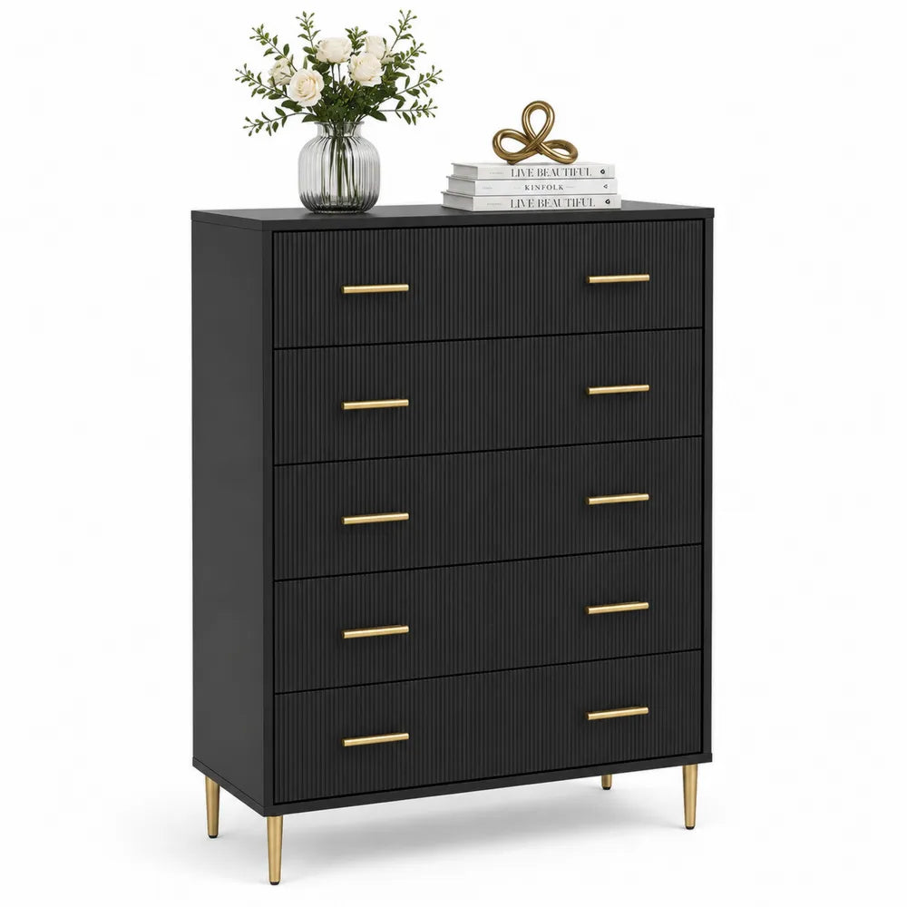 Schwarze Kommode mit 5 Schubladen aus MDF und Metall